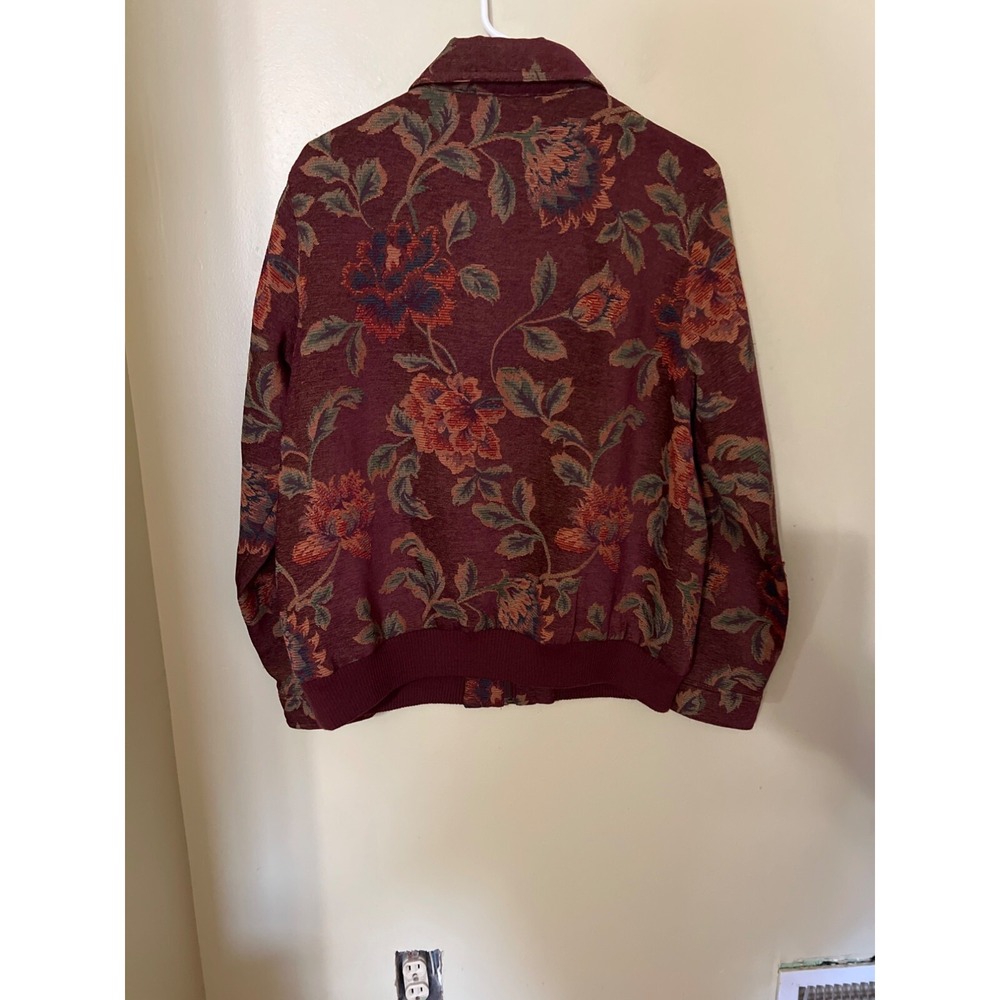 Susan Graver Style‎ Floral Jacket Large Zip Front Burgundy Ribbed Hem & Cuffs - Picture 4 of 10